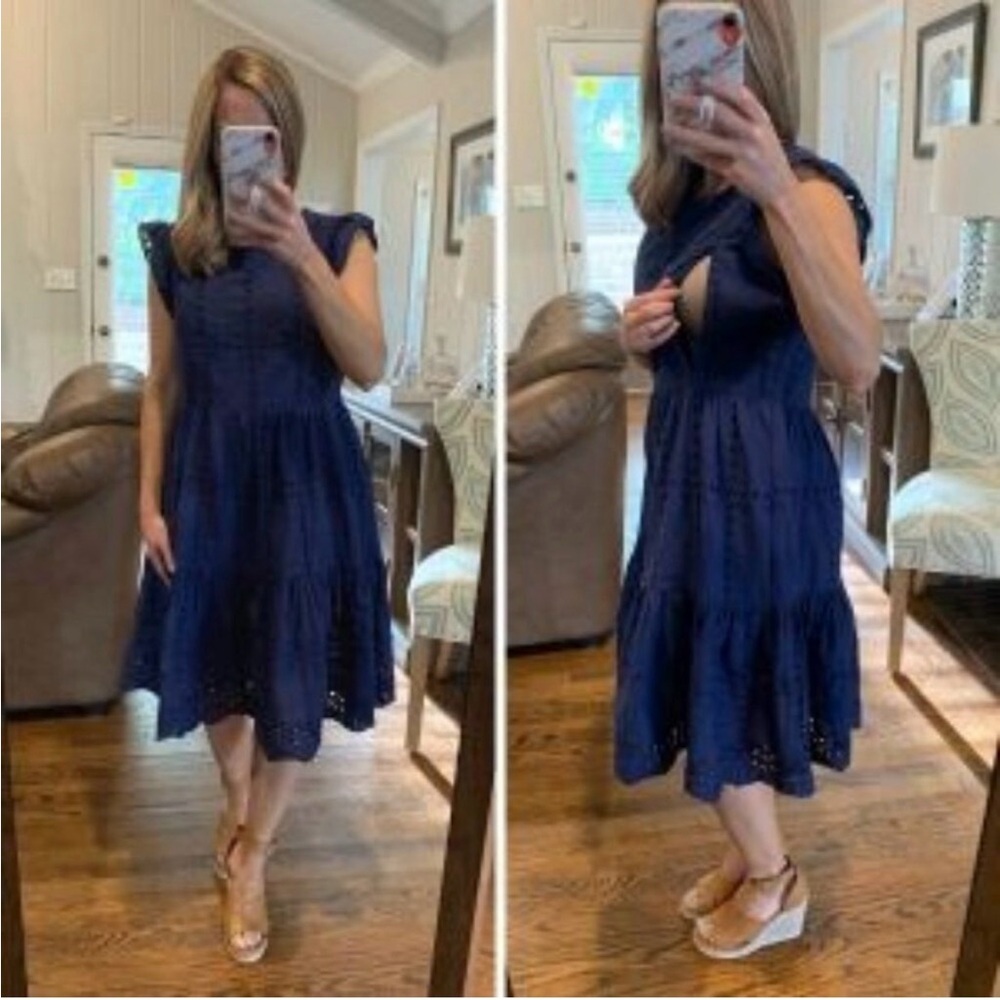 Nursing Queen Eyelet Nursing Dress Plus Size‎ 3X Navy Blue Cottage Casual Modest